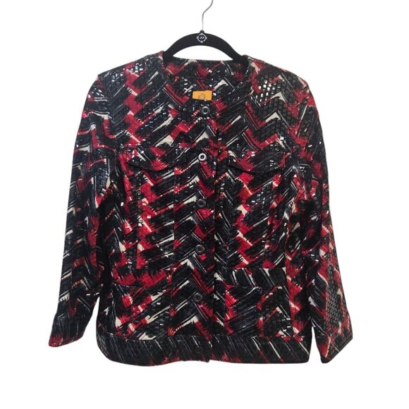 Ruby Rd. Size 6 Shiny Vinyl Button Front Jacket Blazer Red Black Lightweight - Picture 1 of 12